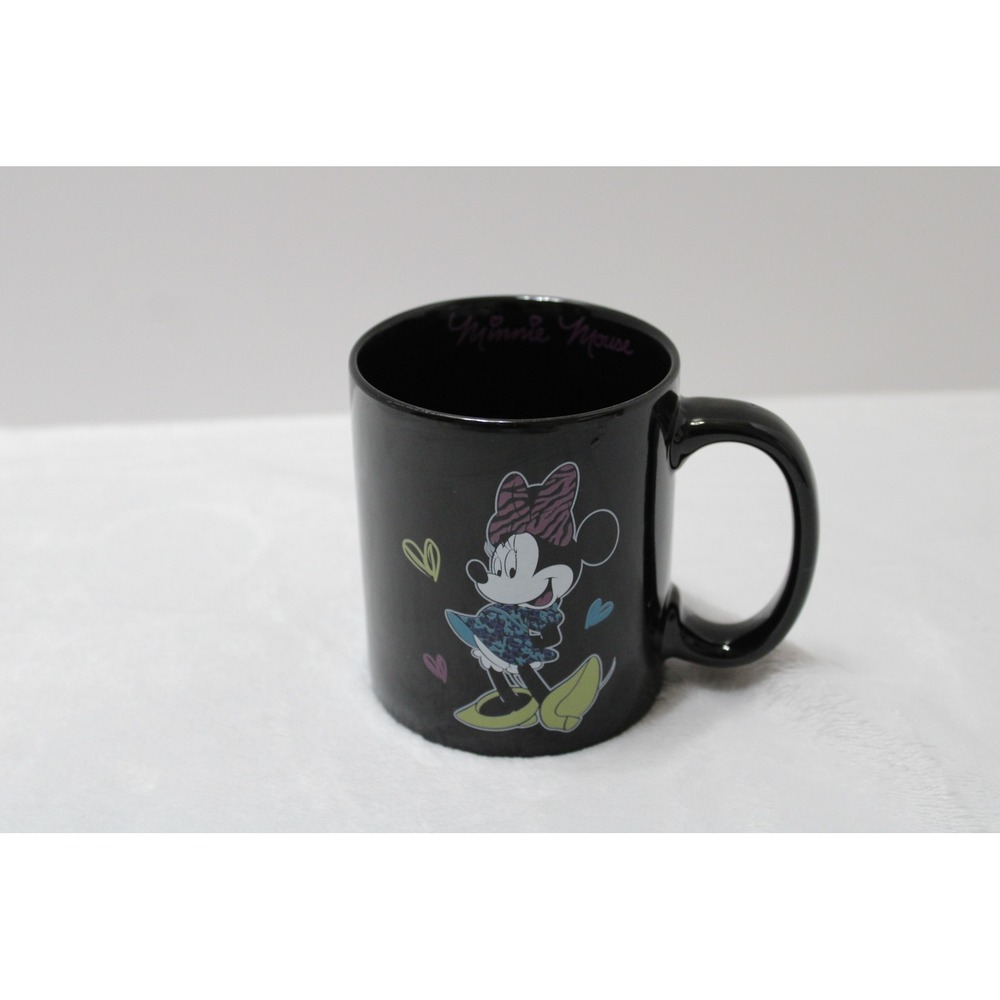 Disney Minnie Mouse Black Ceramic Coffee Mug Zebra Bow Graphic Print Hearts